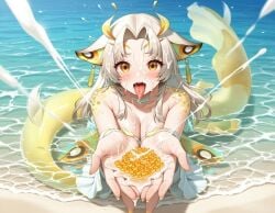 1girls ai_art ai_generated beach beach_background blonde_female blonde_hair breasts cleavage cum cum_drip cum_in_mouth cum_on_body cum_on_breasts cum_on_face earrings egg fertilization fish_eggs fish_scales fishgirl golden_eyes indie_virtual_youtuber indie_vtuber jewlery kemonomimi looking_at_viewer medium_breasts mermaid mermaid_girl mermaid_tail ocean ocean_background platinum_blonde_hair sanagi_yuzu solo solo_female tongue tongue_out virtual_youtuber vtuber white_hair