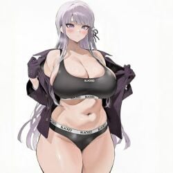 ai_generated big_breasts black_panties blacked blacked_clothing bra breasts curvy danganronpa danganronpa:_trigger_happy_havoc gloves huge_breasts jacket kirigiri_kyouko kyoko_chan3 long_hair panties purple_eyes purple_hair snowbunny thick tummy underwear underwear_only white_background wide_hips