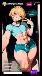 1boy abs ai_generated anus ass basket big_ass big_butt blonde_hair blue_eyes boy bulge chat choker curvy curvy_body curvy_figure english_text fat_ass femboy femboy_focus femboysub feminine_body feminine_male fitness fitness_influencer flat_chest gay girly huge_ass male male_only minishorts morgan_pitfall(oc) noctzurn selfie selfie_pose solo streamer streaming thick_ass thick_hips thick_thighs thighs yaoi