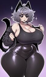 ai_generated animal_ears animal_tail animation_meme_community big_breasts black_eyes black_nail_polish black_nails cat_tail cleavage cleavage_overflow curvy curvy_female curvy_figure female female_focus female_human female_only grey_hair hoodie huge_breasts huge_thighs human human_female human_focus human_only light-skinned_female light_skin open_clothes open_clothing open_hoodie pants pixai ros_(rossali) sexy_body short_hair simple_background slim_waist solo solo_female solo_focus solo_human tagme tank_top thick_thighs tight_clothes tight_clothing tight_pants voluptuous voluptuous_female wide_hips youtube youtuber youtuber_girl
