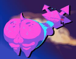 abstract_background alexis_wasilla anthro anus ass ass_up backsack balls bent_over big_butt blue_clothing blue_dress blush bodily_fluids breasts clothing darkner deltarune digital_creature digital_media_(artwork) dress embarrassed exposed_butt freckled_butt freckles genitals gynomorph intersex microsoft_paint_(artwork) monster perineum pink_balls pink_body pink_skin presenting shaded side_boob small_anus smile solo spiral spiral_eyes standing sweat sweatdrop thick_thighs undertale_(series) virovirokun