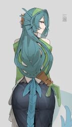 1girls 2026 angels_of_delusion artist_name ass azz0422 back back_view bare_shoulders blue_hair cecilia_(zenless_zone_zero) clothed clothing color colored digital_media_(artwork) female female_only first_porn_of_character fully_clothed hair hi_res hoyoverse light-skinned_female light_skin long_hair looking_at_viewer looking_back mihoyo name_tag npc purple_eyes qr_code simple_background smile smile_at_viewer solo thick_thighs thighs white_background zenless_zone_zero