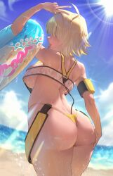 1girls absurdres ahoge arm_strap ass ass_grab beach blonde_hair breasts commentary day elegg_(boom_and_shock)_(nikke) elegg_(nikke) female female_only floatie goddess_of_victory:_nikke grabbing_own_ass hair_intakes hair_over_eyes hakkun270 hand_on_own_ass highres holding holding_swim_ring huge_ass innertube large_breasts lens_flare nail_polish ocean official_alternate_costume outdoors sand short_hair skindentation slingshot_swimsuit solo sun sunlight swim_ring swimsuit tongue tongue_out v wide_hips yellow_nails yellow_slingshot_swimsuit