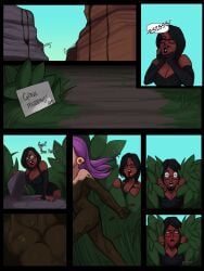 black_clothing blue_eyes blush bush bushes canyon dark_skin dialogue glasses gynesis_caine_(gynesisx) gynesisx looking_for_someone mud mud_bath mud_canyons mud_pit muddy nude nude_ambiguous nude_female oc purple_hair rei_(gynesisx) rock short_hair surprised surprised_expression tagme tagme_(character) the_huntress