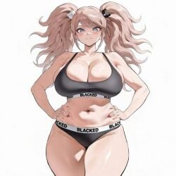 1girl ai_generated big_breasts black_panties blacked blacked_clothing blonde_hair blue_eyes bra breasts curvy danganronpa danganronpa:_trigger_happy_havoc hand_on_hip huge_breasts junko_enoshima kyoko_chan3 panties snowbunny thick tummy twintails underwear underwear_only white_background wide_hips