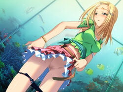 aquarium belt blonde_hair blue_eyes blush censored fish green_shirt hair_ornament hairclip horiuchi_sana human murakami_suigun necklace panties panty_pull pia_carrot_(series) pussy skirt skirt_lift underwear upskirt welcome_to_pia_carrot_g.o.