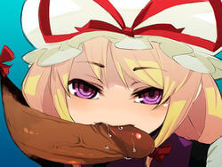 1boy 1girls blonde_hair dark-skinned_male dark_penis dark_skin face fellatio female gap glory_hole hat interracial looking_at_viewer male mota naughty_face no_nose oral penis portal_(object) purple_eyes saliva straight touhou uncensored yukari_yakumo