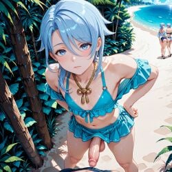 ai_generated big_ass big_dick big_penis blue_hair crossdressing femboy flat_chest flat_chested gay genshin_impact hoyoverse kamisato_ayato lips male male_only mihoyo otoko_no_ko otokonoko penis sissy tomgirl trap twink uncensored veiny_penis video_game_character video_games yaoi