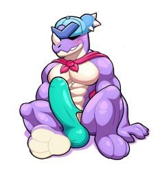 absurd_res anthro big_penis blue_cap blush bottomwear bulge cape clothing detailed_bulge dinosaur dusk_dome erection facial_horn feet genitals green_clothing green_underwear hi_res horn male muscular penis pierce_(brawl_stars) prehistoric_species purple_body reptile scalie smile solo tenting tight_bottomwear tight_clothing underwear