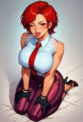 1girls ai_generated big_breasts busty_female huge_breasts king_of_fighters kneeling licking light-skinned_female light_skin nipple_bulge nipples nipples_visible_through_clothing one_eye_closed pale-skinned_female pale_skin pants red_eyes red_hair see-through see-through_clothes see-through_clothing short_hair thick tongue tongue_out vanessa_(kof) voluptuous voluptuous_female waifuscans418 wink winking_at_viewer