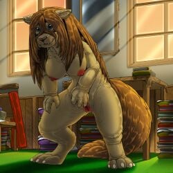 1:1 2026 5_claws 5_fingers 5_toes anthro areola big_breasts biped blue_eyes book breasts brown_tail canid canine canis chimera claws clitoris detailed_background digital_media_(artwork) digitigrade domestic_dog fangs feet female finger_claws fingers front_view fullmetal_alchemist fur furniture genitals hair inside kitsune_youkai light light_beam long_hair mammal mirror nina_tucker nipples nude nude_anthro nude_female pile_of_books pink_areola pink_clitoris pink_nipples pink_vulva smile snout solo standing sunbeam sunlight table tail tan_body tan_breasts tan_claws tan_ears tan_fur teeth toe_claws toes tucker_chimera_(fma) vulva white_claws window wood wood_furniture wood_table