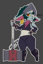 big_ears clothed dark_green_hair dvoyka_(imerald_) female female_only full_body gloves green_hair hammer imp missing_eye one_eye_closed only_female pink_ears pussy_visible_through_clothes red_eyes rubafka_art short_female shortstack simple_background small_breasts tag tagme