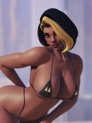 3d 3d_animation ai_generated animated ass_shake bikini black_bikini black_hair blonde_hair bouncing_breasts breast_shake breasts brown_lips cleavage dancing dark-skinned_female dark_skin domina headset large_breasts looking_at_viewer mature_female micro_bikini milf navel navel_piercing overwatch pizzafossil short_hair shorter_than_10_seconds sound sound_effects thick_thighs two-tone_hair underboob video