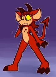 2026 2_horns 3_toes after_transformation alternate_species anthro blush breasts claws cute_fangs demon fangs feet female finger_claws frown genitals green_eyes hair hand_on_breast hi_res horn imp keirio_(whaddon) nipples nude red_claws red_hair red_horn red_nipples small_breasts solo spade_tail standing tail teeth toes ultilix vulva yellow_sclera