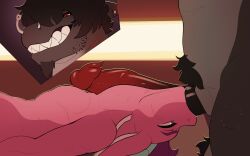 16:10 2_penises animated anthro brolaren cera_(ceraferis) deep_throat diphallia diphallism duo facial_piercing female fish genitals hi_res male male/female marine multi_genitalia multi_penis nose_piercing oral oral_penetration orgasm penetration penis piercing pubes reptile scalie shark widescreen