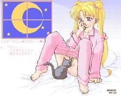 1990s 1992 1girls 4bpp barefoot between_legs bishoujo_senshi_sailor_moon black_cat black_fur blonde_hair blue_eyes cat cat_between_legs cunnilingus dated double_bun eyes feet feline feral fur human interspecies jpeg_artifacts kiraboshi long_hair luna_(sailor_moon) moon no_panties oral pajamas pants_pull pixel_art pubic_hair pussy_juice sitting spread_legs sweatdrop text tied_hair translated twintails usagi_tsukino year zoophilia