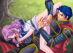 aozora_kyuuji armor ass_grab belt blowjob blue_eyes blue_hair blush body_armor cape censored couple dress dress_pull fellatio female fingering fire_emblem fire_emblem:_the_blazing_blade florina_(fire_emblem) grass hector_(fire_emblem) legs licking licking_penis long_hair lying lying_on_person male no_briefs no_panties on_back open_mouth open_pants oral outdoors pants pegasus_knight penis penis_grab penis_lick pubic_hair purple_hair pussy short_hair shoulder_armor smile source_not_archived spread_legs straight tongue tongue_out tree