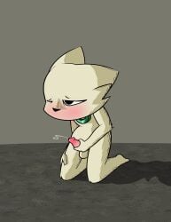 absurd_res ambiguous_fluids anthro balls blush bodily_fluids cum cumshot ejaculation friedkortola fur genital_fluids genitals grey_background hi_res humanoid kneeling looking_pleasured male masturbation nine_sols nude orgasm penis red_candle_games simple_background solo yi_(nine_sols)