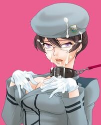 barrette beret bricola brown_hair collar cum cum_on_clothes cum_on_hat facial female glasses gloves gundam gundam_00 hat kati_mannequin leash military military_uniform mole open_clothes open_shirt purple_eyes shirt short_hair uniform