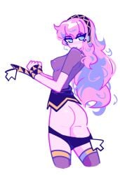 ass blue_eyes breasts cursor dizzyisdizzy female hands_tied headphones long_hair looking_at_viewer looking_back megurine_luka nipples_visible_through_clothing panties panties_down pink_hair see-through_clothing simple_background solo thighhighs vocaloid white_background