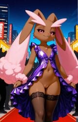 1girls 2026 ai_generated anthro black_sclera brown_fur city crowd dress dress_lift fancy_clothing female female_only flat_chest generation_4_pokemon half-closed_eyes hi_res innie_pussy jewelry lopunny necklace night nintendo no_panties pink_eyes pokemon pokemon_(species) pussy shiny_pokemon smile smug thighhighs zonoya_(artist)