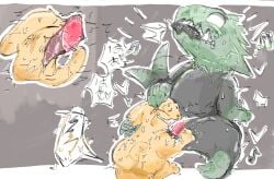 2_fingers 2_toes 3_fingers ambiguous_gender ass bodily_fluids closed_eyes craoluck cum cum_in_mouth cum_inside cum_on_face cum_on_penis curling_toes deep_throat ears_back feet fellatio feral fingers genital_fluids genitals gradient_tail green_lizard_(rain_world) hand_on_head happy heart_symbol hi_res japanese_text larger_male lizard_(rain_world) looking_pleasured male male/ambiguous membrane_(anatomy) monk_(rain_world) monochrome_body open_mouth oral oral_penetration orgasm penetration penile penis pink_penis pivoted_ears rain_world saliva saliva_on_penis sex shaking size_difference slugcat sucking tail tail_motion tailwag tears text toes tongue trembling videocult webbed_hands x-ray_view yellow_body