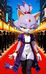 1girls 2026 ai_generated anthro blaze_the_cat bracelet city crowd dress fancy_clothing feline female female_only flat_chest gold_jewelry half-closed_eyes hi_res innie_pussy jewelry necklace night nipples pink_nipples purple_fur pussy red_carpet sega sonic_(series) sonic_the_hedgehog_(series) thighhighs unamused walking white_fur yellow_eyes zonoya_(artist)