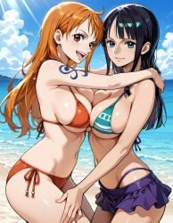 2girls 5_fingers ai_generated ass bare_shoulders beach belly bikini bikini_top black_hair blue_sky boob breasts brown_eyes camisole catburglar_nami cleavage cloud clouds cloudy_sky daylight daytime eyebrows eyelashes female female_only green_bikini green_eyes hand_on_another's_thigh hands_on_another's_shoulders hips huge_ass huge_breasts hugging legs light-skinned_female light_skin long_eyelashes long_hair long_legs miniskirt nami_(one_piece) navel nico_robin one_piece orange_bikini orange_hair pink_lips png png_file purple_bikini purple_skirt sea shiny side-tie_bikini sideboob skirt sky smile straw_hat_pirates string_bikini sunlight thick_thighs thighs thin_eyebrows toei toei_animation toei_company tongue underboob very_long_hair water white_trim