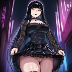 ai_generated black_choker black_dress black_hair black_lips black_nails black_thighhighs blunt_bangs breasts choker clothes_lift collarbone cowboy_shot cross cross_earrings cuckold dress dress_lift earrings female frills goth_fashion jewelry lace lace_trim large_breasts lifted_by_self lipstick long_hair long_sleeves looking_at_viewer makeup nail_polish netorare no_panties outdoors pussy red_eyes skirt skirt_lift solo sweat thighhighs thighs uncensored very_long_hair zeulzin