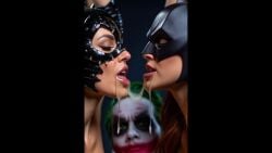 1boy 1boy2girls 2girls ai_generated batgirl batman_(series) catwoman clown dc dc_comics green_hair gun joker makeup mask masked_female red_lipstick tagme video