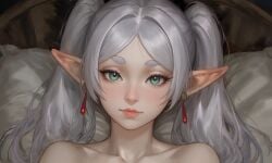 1boy after_vaginal anime_coloring anus ass bed blue_eyes book breasts censored commentary commentary_request completely_nude cum cum_in_pussy earrings ejaculation elf erection female frieren green_eyes hara_(harayutaka) highres indoors jewelry long_hair looking_at_viewer looking_back lying median_furrow mosaic_censoring nude on_bed open_mouth parted_bangs penis petite pillow pointy_ears projectile_cum pussy riyoka_hoshino short_eyebrows shoulder_blades small_breasts solo_focus sousou_no_frieren straight symbol-only_commentary white_hair