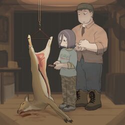 1:1 alternate_universe ambiguous_gender angel_martinez blood bodily_fluids boots butchering camo camo_print clinical_trial clothing corpse deer detailed_background feral footwear gore group hair hat headgear headwear hi_res homie_(artist) hooves human inside knife lee_smith male mammal nonbinary_(lore) shirt shoes sweat t-shirt topwear trio