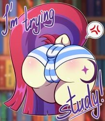 alternate_version anus ass butt_only cameltoe clothes colored dock erein erein_(artist) flat_colors friendship_is_magic g4 gradient_background heart high_res large_anus large_butt lovebutt mlp_g4 moondancer my_little_pony nudity panties plot pony solo striped_underwear tail underwear