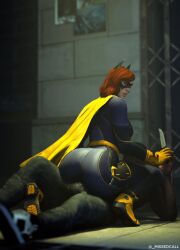 1boy 1girls ass barbara_gordon batgirl batgirl_(barbara_gordon) batgirl_(gotham_knights) batman_(series) big_ass boots clothed clothed_female clothed_male dc dc_comics female female_focus fully_clothed gloves gotham_knights huge_ass knife male male/female red_hair straight superheroine tagme