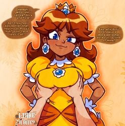 1boy 1girls 2026 big_breasts blue_eyes breast_grab breasts brown_hair busty clothed clothing confident dress female female_focus gloves grabbing_breasts groping groping_breasts half-closed_eye hands_on_breasts hands_on_hips human human_only itakeabite large_breasts light-skinned_female light-skinned_male light_skin looking_at_viewer male male/female mammal mario_(series) nintendo orange_dress pose posing pov princess princess_daisy royalty seductive seductive_look seductive_smile short_hair smug straight tomboy unseen_male_face white_gloves