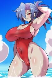 alternate_body_type alternate_breast_size armpits arms_up bangs beach big_breasts blue_hair curvaceous curvaceous_female curvaceous_figure curves curvy curvy_body curvy_female curvy_figure curvy_hips detailed_background eyepatch grey_body grey_skin huge_breasts large_breasts lifeguard lifeguard_swimsuit maymayuumi ocean one-piece_swimsuit patch red_eyes red_swimsuit skullgirls thick thick_hips thick_legs thick_thighs thighhighs thighs valentine_(skullgirls)