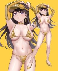 1girls absurd_res alternate_version_available arms_up bang_dream! bikini black_hair breasts breasts_apart cameltoe closed_mouth culton detached_sleeves earrings female gold_bikini gold_choker gold_earrings hi_res high_heels jewelry large_breasts long_hair looking_at_viewer micro_bikini mismatched_earrings mole mole_under_eye multiple_views navel purple_eyes shiina_taki simple_background skindentation stomach swimsuit very_long_hair visor_cap yellow_background zoom_layer
