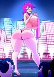 big_ass big_breasts blush female hourglass_figure huge_breasts kogeikun male paparazzi pink_hair small_waist surprised thick_thighs thong wendolin