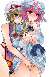 blonde_hair blush breasts crotch_grab female hat jako japanese_clothes jyako kimono long_hair multiple_girls nipples no_panties nude peeing pink_hair pussy ribbon shaved_pussy short_hair skirt skirt_lift tears touhou uncensored yukari_yakumo yuri yuyuko_saigyouji