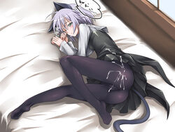 bed black_legwear black_pantyhose blush censored clothing cum cum_on_clothes feet flat_chest green_eyes hamihe legs lying pantyhose purple_hair sanya_v_litvyak sleeping sleepy strike_witches tail translated wink