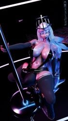 9:16 absurd_res areola areola_slip big_breasts bodily_fluids breasts bulge cleavage clothed clothing crown dancing dress eyelashes female footwear freckled_face freckles glistening_eyelids gynomorph hazbin_hotel headgear hellaverse hi_res high_heels humanoid icespruce3d intersex legwear long_eyelashes looking_at_viewer pole pole_dancing sera_(hazbin_hotel) shoes solo stockings striptease sweat tight_clothing