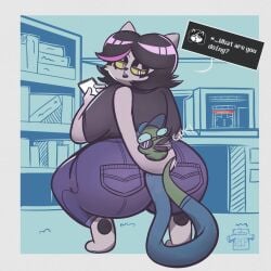 1:1 2018 anthro anthro_female asphyxiation ass barefoot big biped black_clothing black_hair black_nose black_shirt black_topwear body bottomwear cat_ears catgirl catti_(deltarune) choking chubby chubby_anthro chubby_female clothed clothing crouching curvy_figure deltarune denim denim_bottomwear denim_clothing dialogue digital_media_(artwork) domestic_ duo english_text eyes eyeshadow fashion felid feline felis female fully_clothed fur furry furry_female goth hair headshot_portrait hi_res hips huge_butt jeans jockington_(deltarune) looking_back makeup male mammal multicolored_hair open_mouth overweight overweight_female pantspupils portrait pupils purple_eyes reptile scalie scalie_male shirt simple_background sitting snake sweater_pups text thick_thighs tongue tongue_out topwear twitter_link two_tone_hair undertale_(series) voluptuous white wide yellow yellow_sclera
