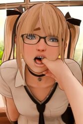 blender blender_(software) blender_cycles blonde_female blonde_hair blue_eyes braces dead_or_alive dead_or_alive_xtreme_beach_volleyball dead_or_alive_xtreme_venus_vacation fingers_in_mouth glasses male/female marie_rose oral_penetration pale-skinned_female pale_skin plump_lips school_uniform schoolgirl twintails undead_h34d