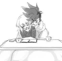 androgynous femboy galo_thymos gay gay_sex kotatsu lio_fotia masturbating masturbating_other masturbation monochrome promare size_difference twink yaoi