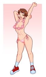 1girls bikini_bottom brown_eyes brown_hair capcom female flower_necklace headband orangemint_4444 sakura_kasugano shoes short_hair smile socks street_fighter stretching topless topless_female underwear