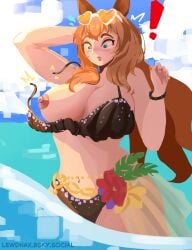 1girls absurd_res accidental_circumstance accidental_exposure animal_ears aqua_eyes areola areola_slip bare_shoulders bikini bikini_top black_bikini blue_sky blush breasts breasts_out brown_hair brown_tail chains cleavage cowboy_shot embarrassed embarrassed_female eyewear_on_head female female_focus female_only flower full_color green_eyes highres horse_ears horse_girl horse_tail large_breasts lewdnax light-skinned_female light_skin long_hair maruzensky_(umamusume) navel nipple_slip nipples ocean official_alternate_costume official_alternate_hairstyle open_mouth outdoors public public_exposure self_upload solo stomach summer sunglasses sunglasses_on_head sunlight surprised_expression swimsuit tail umamusume umamusume_pretty_derby wardrobe_malfunction water