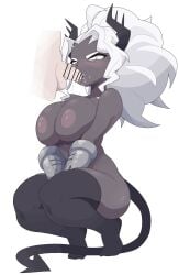 dark_skin demon demon_girl demon_horns demon_tail helltaker judgement_(helltaker) large_breasts nipples oral_sex penis stockings sub-neamo tagme topless topless_female white_hair