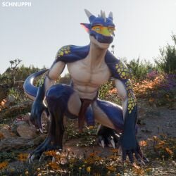 1:1 3d_(artwork) abs absurd_res anthro athletic blue_body blue_eyes bottomwear bottomwear_aside claws clothing clothing_aside detailed_background digital_media_(artwork) dragon english_text fangs feet finger_claws fingers flower foreskin genitals half-erect hi_res horn huge_filesize humanoid_genitalia humanoid_penis ineffective_clothing ineffective_loincloth loincloth loincloth_aside male mostly_nude muscular muscular_anthro muscular_male mythological_creature mythological_scalie mythology outside partially_retracted_foreskin pecs penis plant scales scalie schnuppii sky solo spikes tail teeth text toe_claws toes
