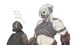 1boy 1boy1girl 1girls abs automaton_(helldivers) black_sclera breastplate cyborg cyborg_girl duo english_text genderswap_(otf) height_difference helldiver_(helldivers) helldivers helldivers_2 intellectual_poultry muscular muscular_female radical_(helldivers) red_eyes rule_63 taller_female white_hair