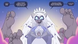 1girls absurdres angel angel_girl angel_wings best_feet blue_eyes clouds dark-skinned_female dialogue dialogue_bubble disembodied_feet disembodied_foot emily_(hazbin_hotel) feet feet_up female_focus female_only foot_fetish foot_focus foot_play foot_worship freckles funny grey_skin halo hazbin_hotel heaven highres nasiri_(artist) nervous_female night_sky paradise several_feets soles soles_fetish solo_female stars surprised_expression toes vivziepop white_hair white_toenail_polish